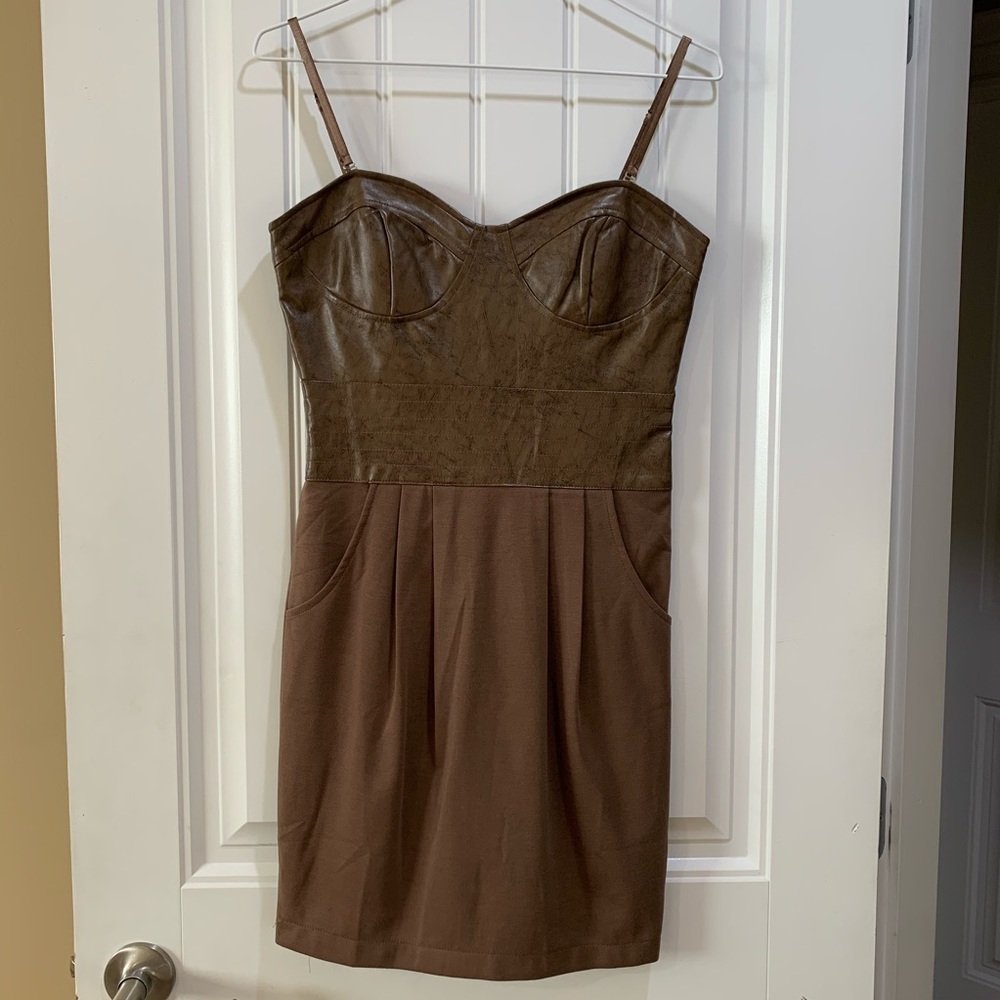 Brown leather top mini dress